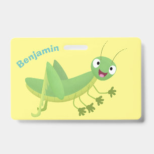 Cute green happy grasshopper cartoon ID badge