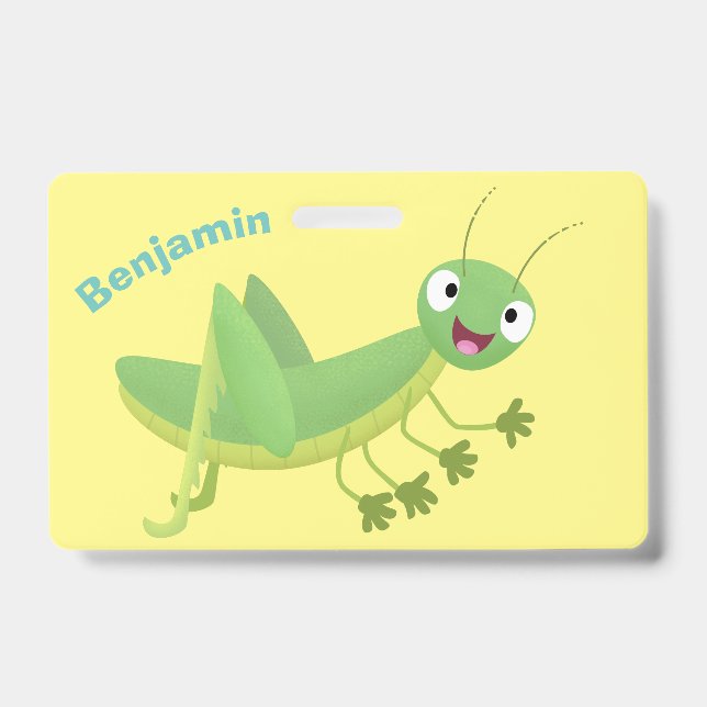 Cute green happy grasshopper cartoon ID badge (Front)