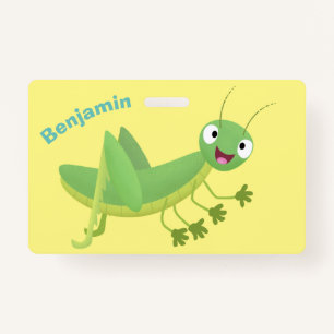 Cute green happy grasshopper cartoon ID badge