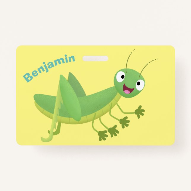 Cute green happy grasshopper cartoon ID badge (Front)