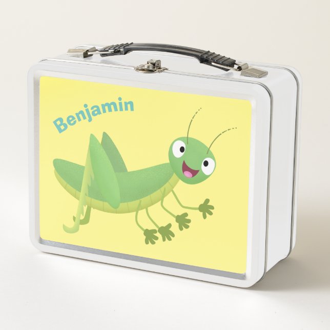 Cute green happy grasshopper cartoon metal lunch box (Front)