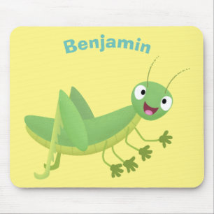 Cute green happy grasshopper cartoon mouse mat