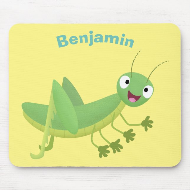 Cute green happy grasshopper cartoon mouse mat (Front)