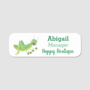 Cute green happy grasshopper cartoon  name tag