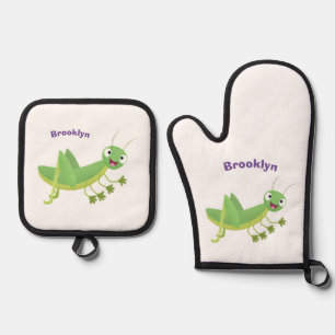 Cute green happy grasshopper cartoon oven mitt & pot holder set