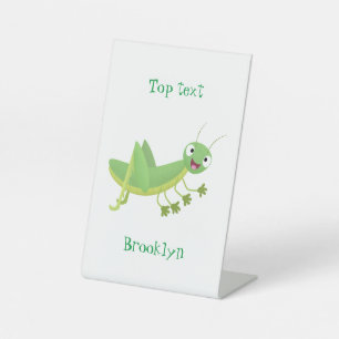 Cute green happy grasshopper cartoon pedestal sign