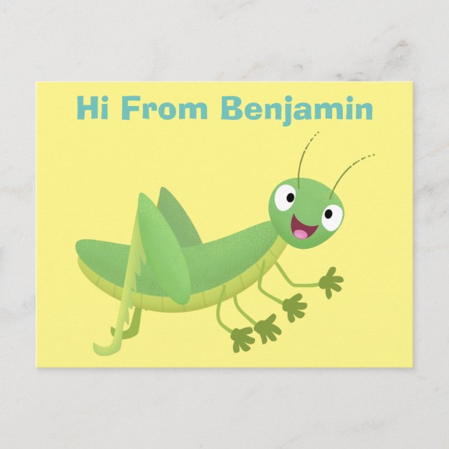 Cute green happy grasshopper cartoon postcard (Front)