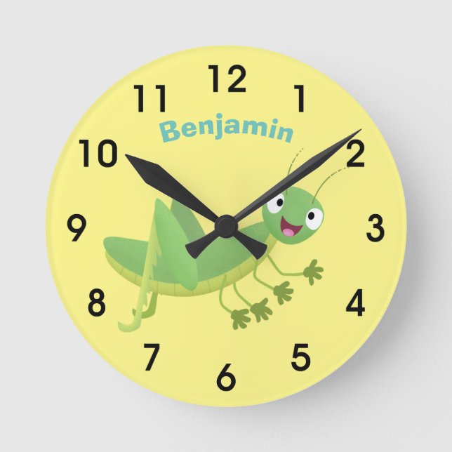 Cute green happy grasshopper cartoon round clock (Front)