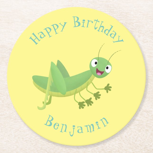 Cute green happy grasshopper cartoon round paper coaster (Front)