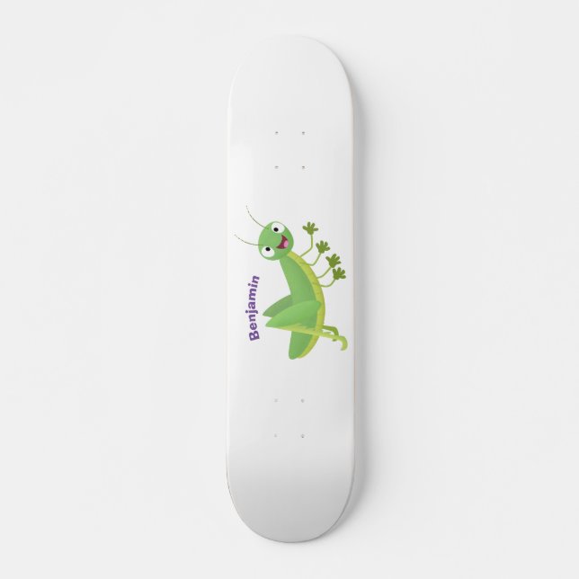 Cute green happy grasshopper cartoon  skateboard (Front)
