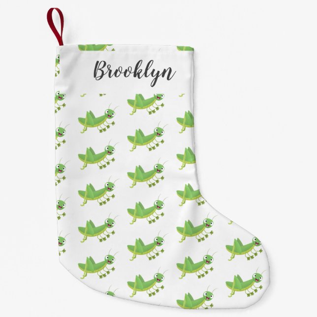 Cute green happy grasshopper cartoon small christmas stocking (Front)