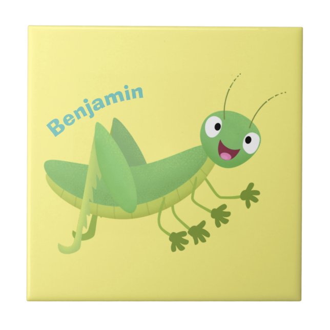 Cute green happy grasshopper cartoon tile (Front)