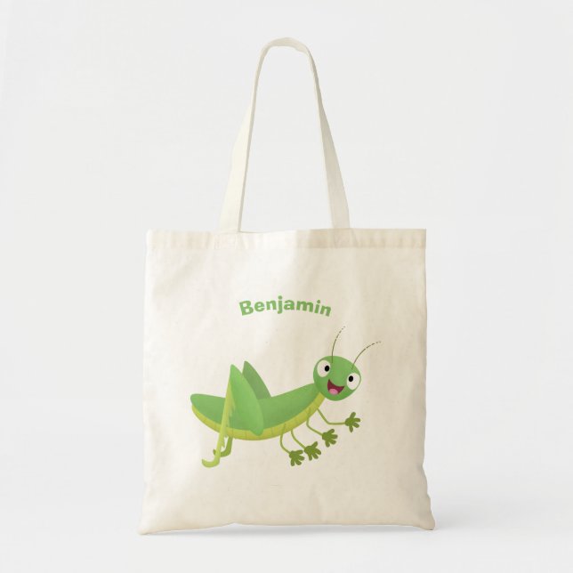 Cute green happy grasshopper cartoon tote bag (Front)