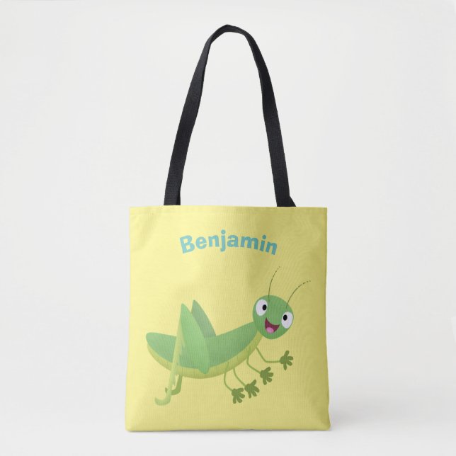 Cute green happy grasshopper cartoon tote bag (Front)