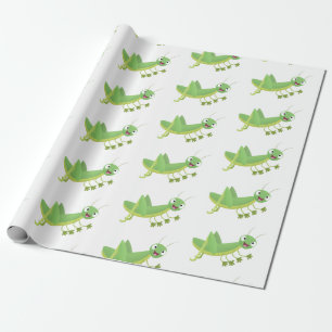 Cute green happy grasshopper cartoon wrapping paper
