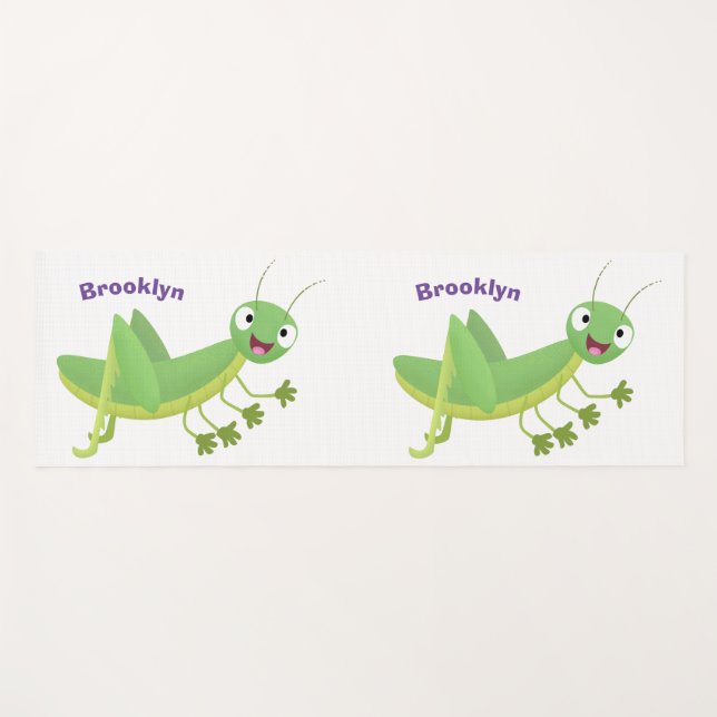 Cute green happy grasshopper cartoon yoga mat (Front (Horizontal))