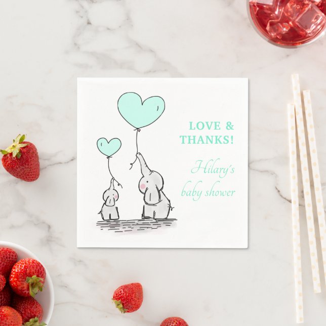 Cute Green Heart Balloons Elephant Baby Shower Napkin (Insitu)