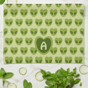 Cute Green Heart-Shaped Alien Pattern Monogram Kit Tea Towel