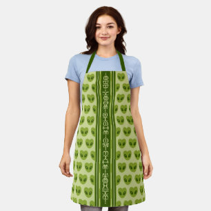 Cute Green Heart-Shaped Alien Your Name in Glyphs Apron