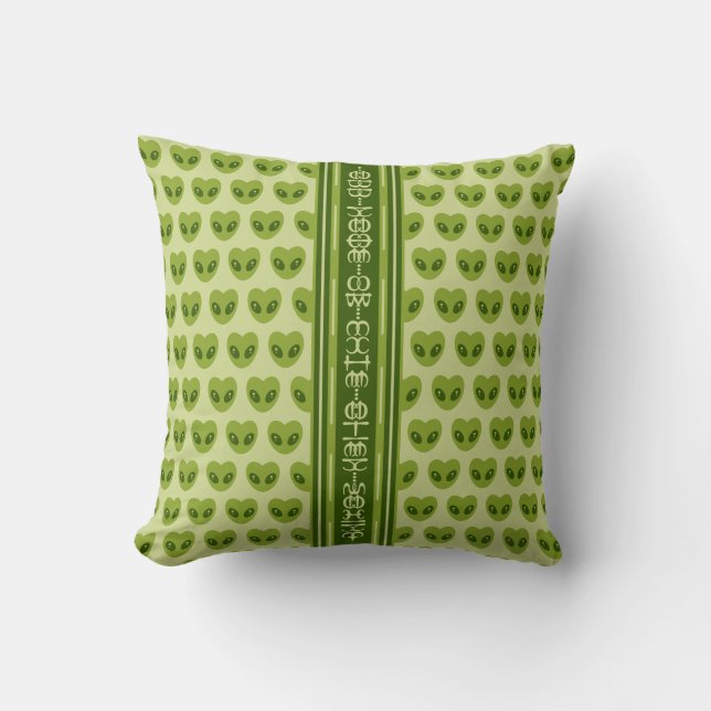 Cute Green Heart-Shaped Alien Your Name in Glyphs Cushion (Front)