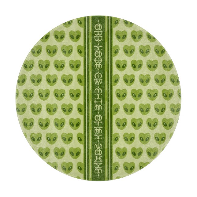 Cute Green Heart-Shaped Alien Your Name in Glyphs Cutting Board (Front)
