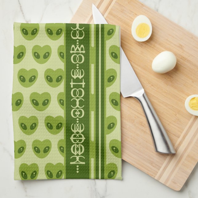 Cute Green Heart-Shaped Alien Your Name in Glyphs Tea Towel (Quarter Fold)