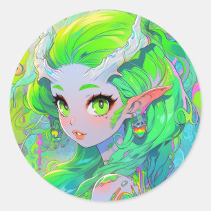 Cute Green Horned Wood Elf Anime Girl Classic Round Sticker