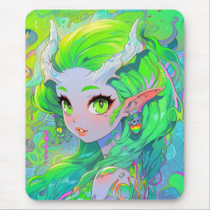 Cute Green Horned Wood Elf Anime Girl Mouse Mat