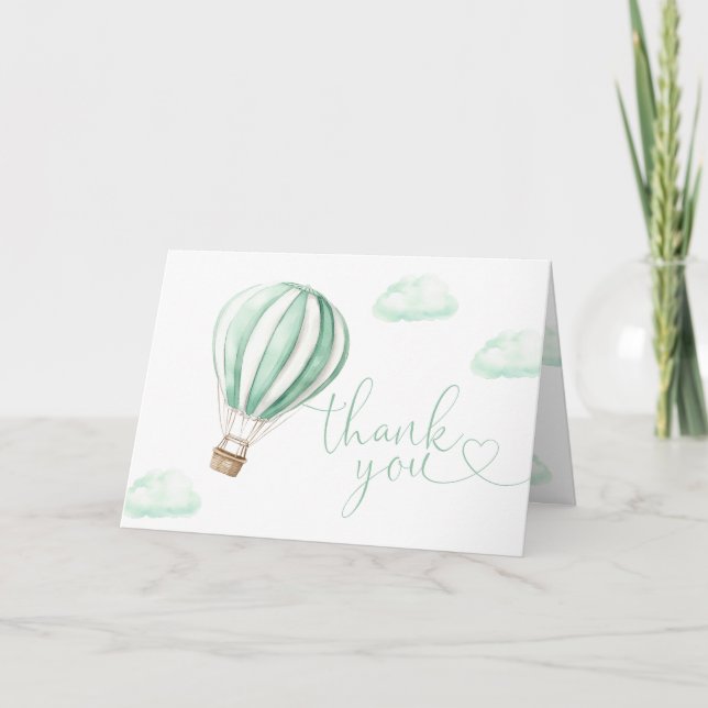 Cute Green Hot Air Balloon Baby Shower Thank You Card (Front)