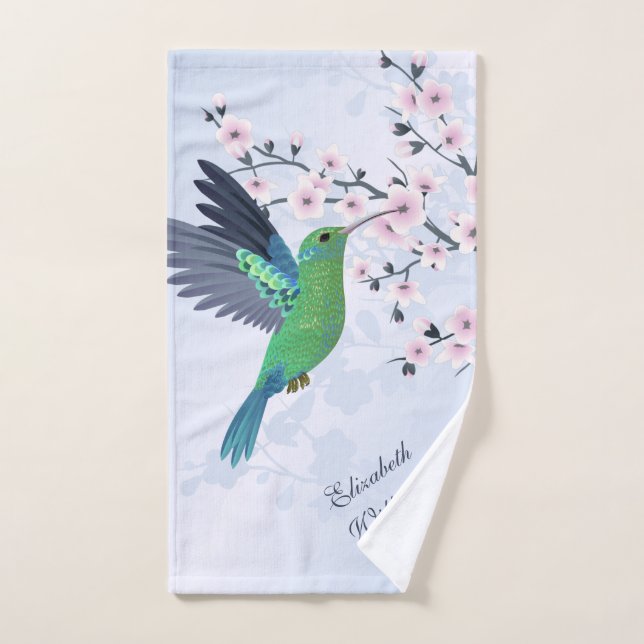 Cute Green Hummingbird Cherry Blossom Add Name  Hand Towel (Hand Towel)