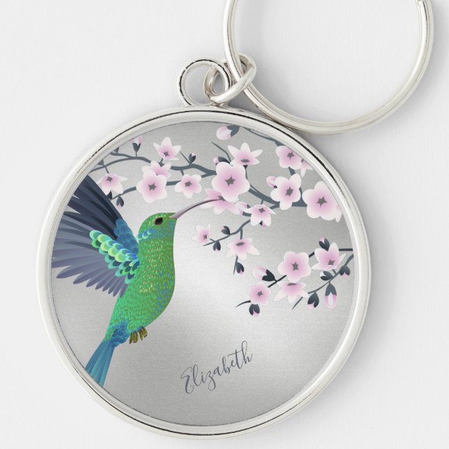 Cute Green Hummingbird Cherry Blossom Add Name  Ke Key Ring (Front)