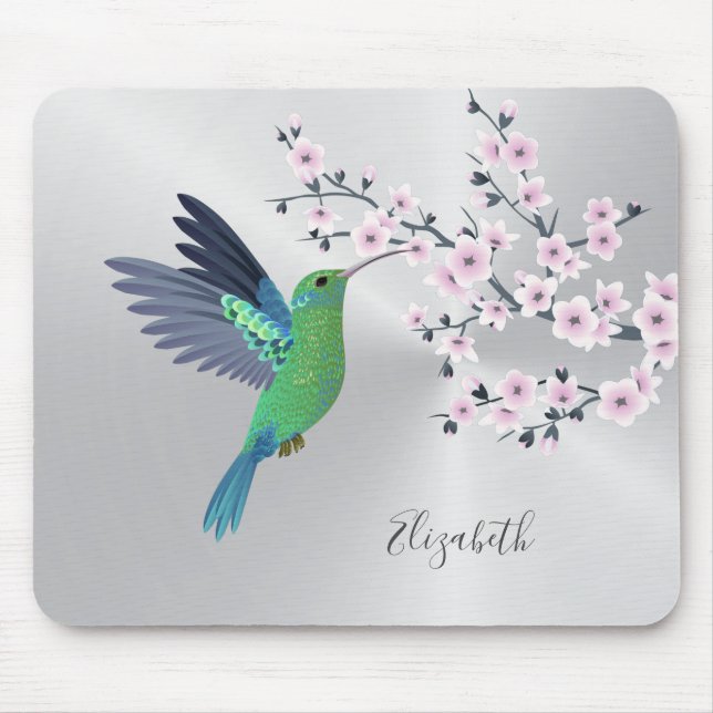 Cute Green Hummingbird Cherry Blossom Add Name  Mouse Mat (Front)