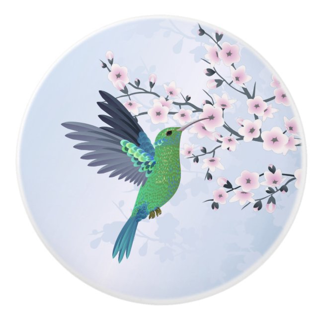 Cute Green Hummingbird Cherry Blossom  Ceramic Knob (Front)