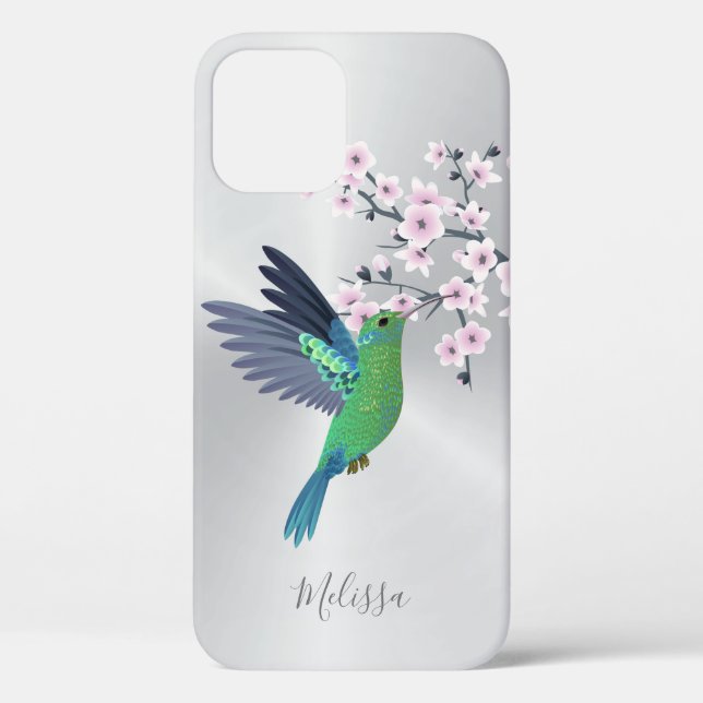 Cute Green Hummingbird Cherry Blossom Monogram  Case-Mate iPhone Case (Back)
