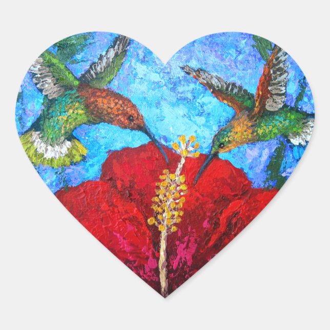 Cute Green Hummingbirds Floral Painting Heart Sticker (Front)