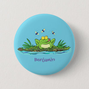 Cute green hungry frog cartoon illustration 6 cm round badge