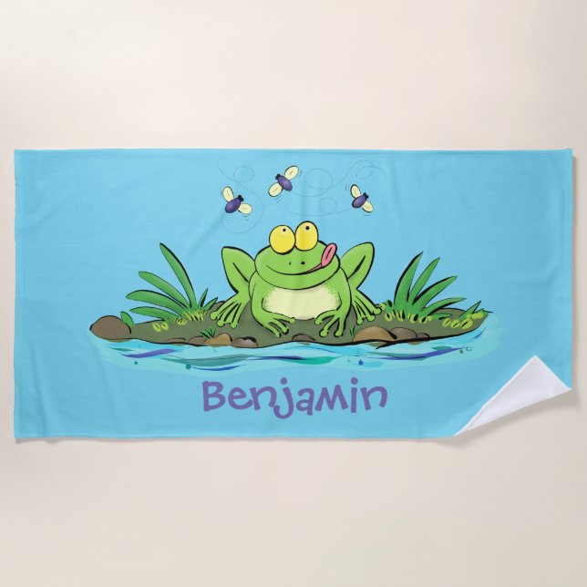 Cute green hungry frog cartoon illustration beach towel (Front)