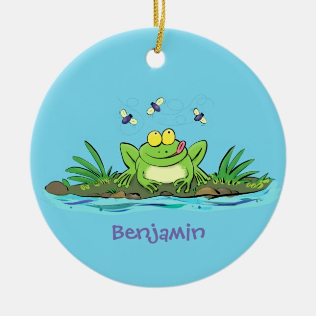 Cute green hungry frog cartoon illustration ceramic tree decoration (Front)