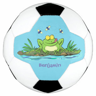 Cute green hungry frog cartoon illustration football