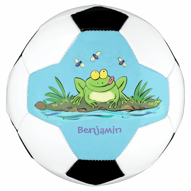Cute green hungry frog cartoon illustration football (Front)