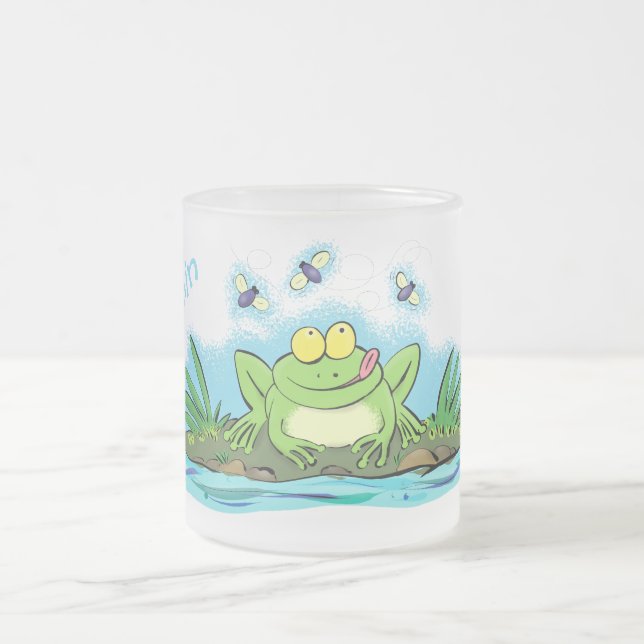 Cute green hungry frog cartoon illustration frosted glass coffee mug (Center)