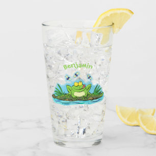 Cute green hungry frog cartoon illustration glass