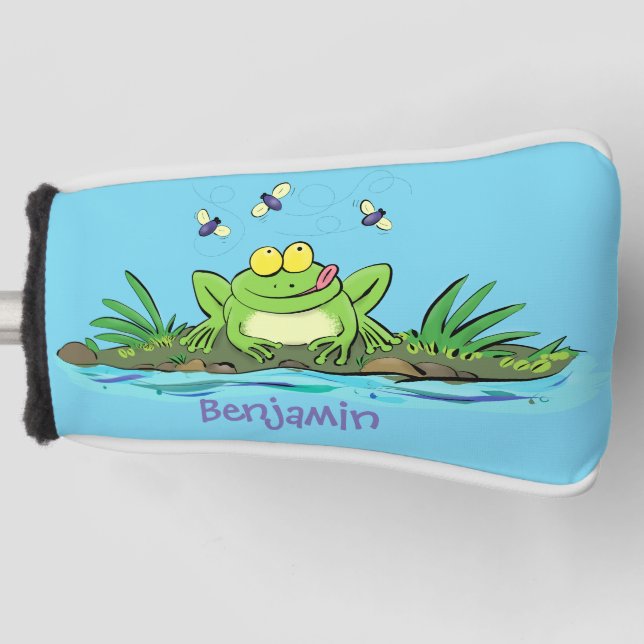 Cute green hungry frog cartoon illustration golf head cover (Front)