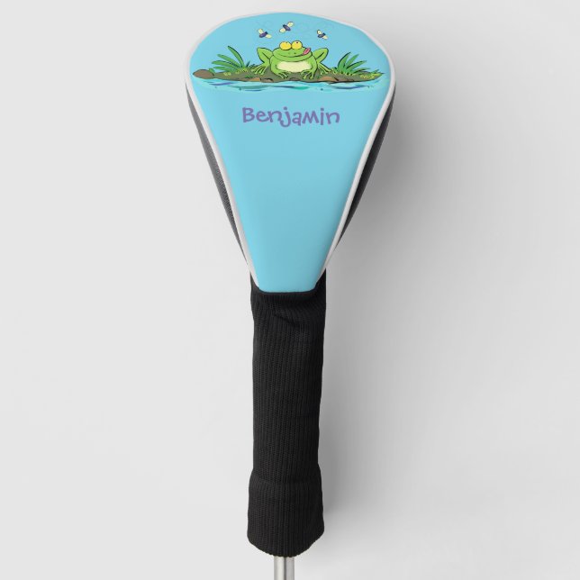 Cute green hungry frog cartoon illustration golf head cover (Front)