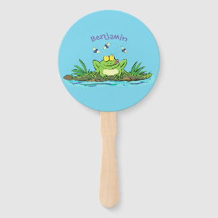 Cute green hungry frog cartoon illustration hand fan
