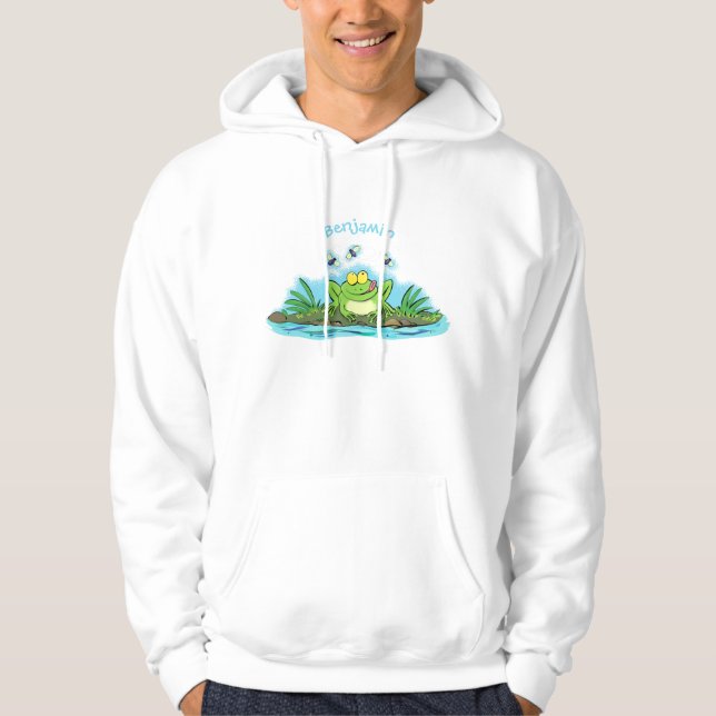 Cute green hungry frog cartoon illustration hoodie (Front)
