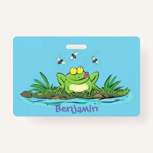 Cute green hungry frog cartoon illustration ID badge