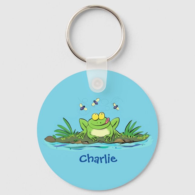 Cute green hungry frog cartoon illustration key ring (Front)