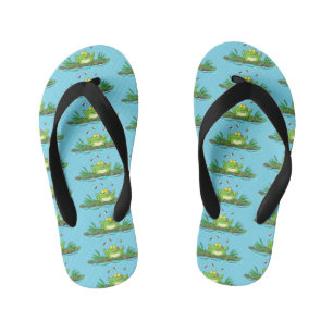 Cute green hungry frog cartoon illustration kid's flip flops