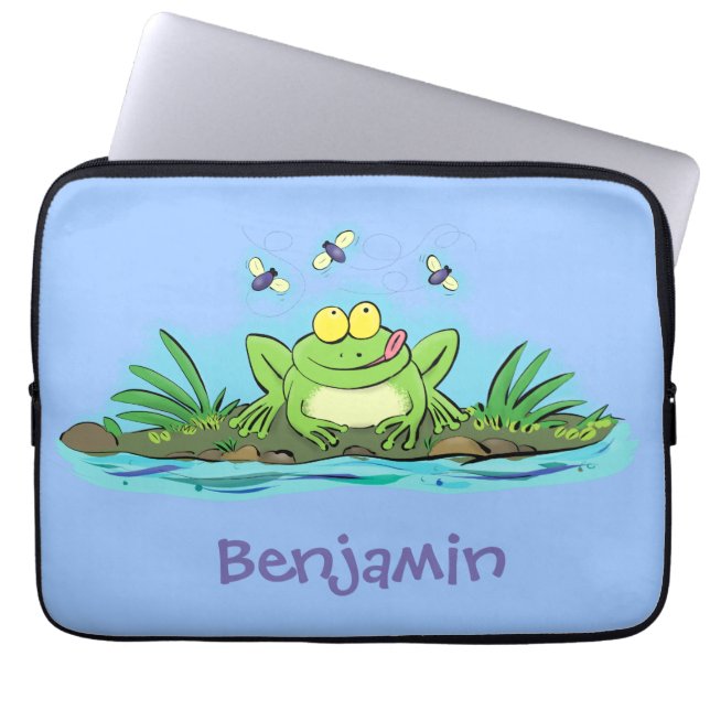 Cute green hungry frog cartoon illustration laptop sleeve (Front)